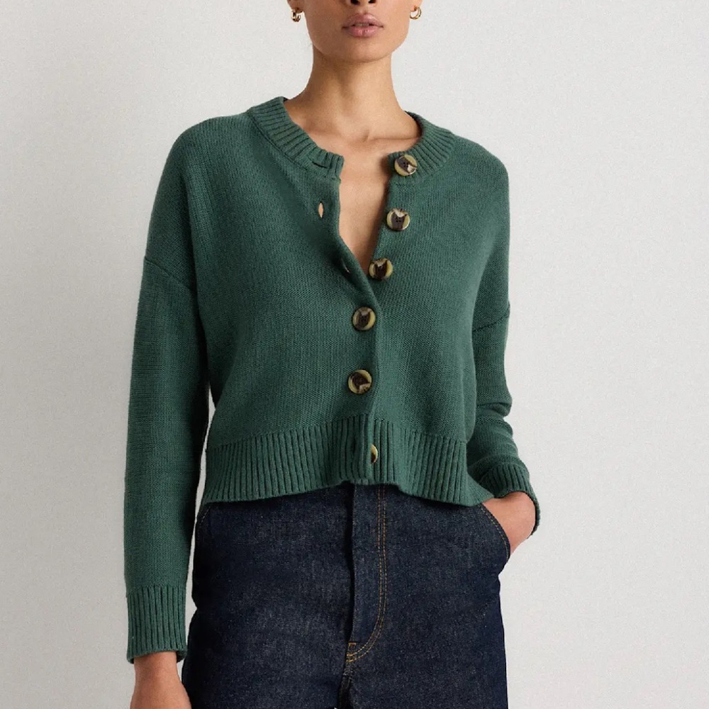 Quince 100% Organic Cotton Cropped cardigan Big Sur Green NWT XS - Picture 10 of 16